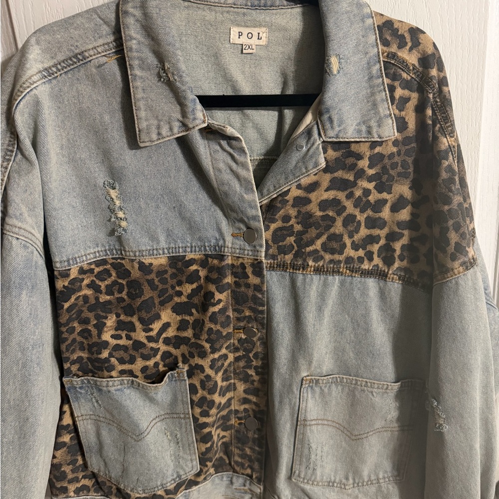 POL Women's Denim Jacket with Leopard Print
